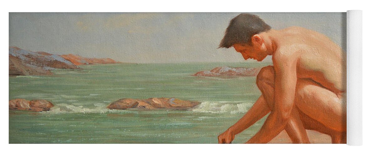 Original Yoga Mat featuring the painting Original Oil Painting Man Body Art Male Nude By The Sea#16-2-5-42 by Hongtao Huang