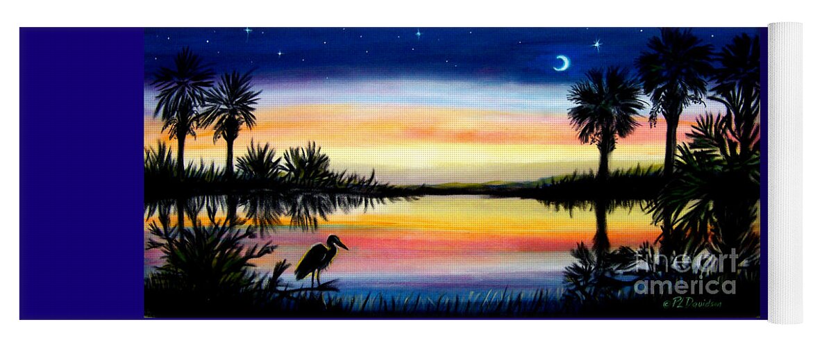 Palmetto Tree Yoga Mat featuring the painting Palmetto Tree Moon And Stars Low Country Sunset iii by Pat Davidson