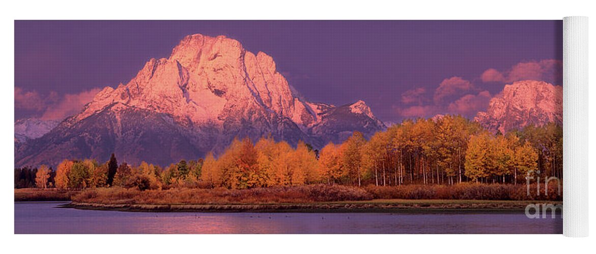 America Yoga Mat featuring the photograph Panorama Dawn Lights Up Mount Moran in Grand Tetons National Park by Dave Welling