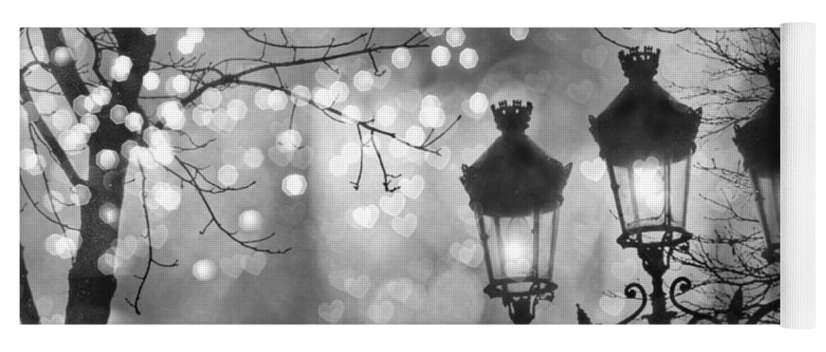 Paris Christmas Sparkle Lights Street Lanterns - Paris Holiday Street Lamps  Black and White Lights Beach Towel by Kathy Fornal - Pixels