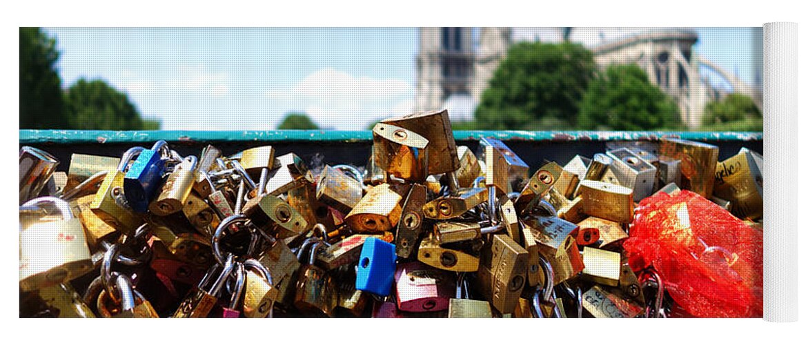 Paris Yoga Mat featuring the photograph Paris pont des arts Love Locks with Notre Dame in the background by Toby McGuire