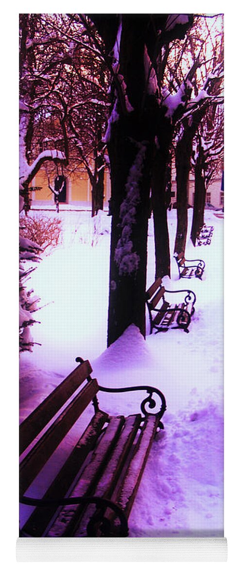 Winter Yoga Mat featuring the photograph Park Benches In Snow by Nina Ficur Feenan