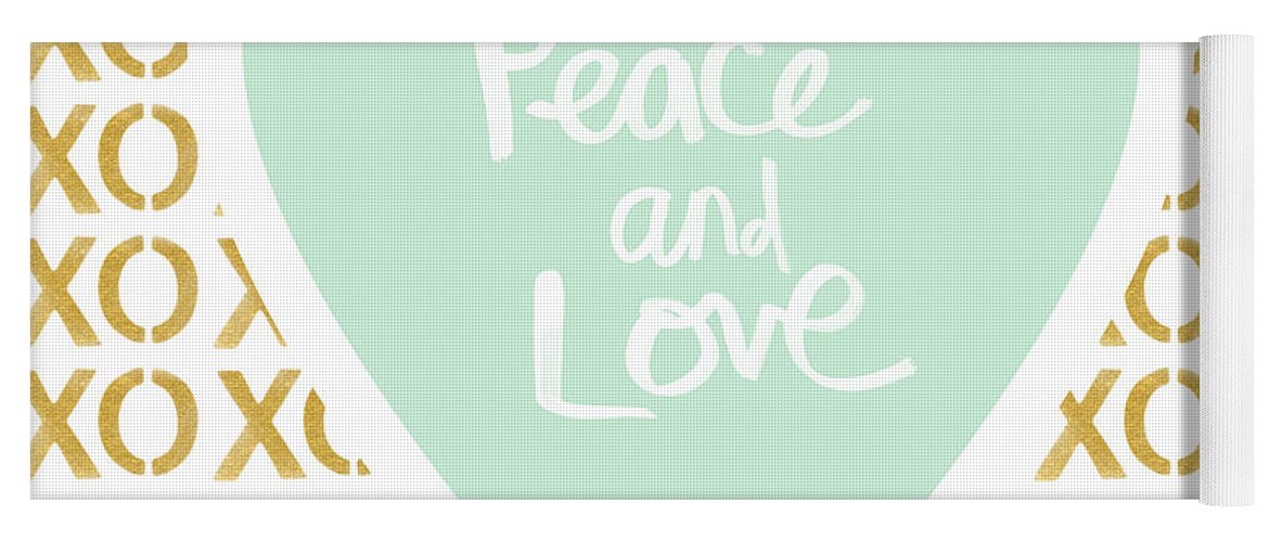 Peace Yoga Mat featuring the mixed media Peace and Love in Aqua and Gold by Linda Woods