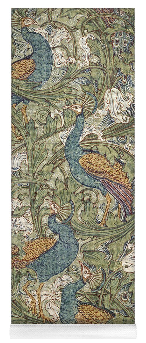 Design; Bird; Paper; Arts And Crafts Movement; Decoration; Peacock; Peacocks; Bird; Birds; Motif; Floral; Wallpaper; Wall; Paper; Peacock; Garden; Garden Scene; Muted Color; Decorative; Decor; Interior Decoration; Interior Design; Designs; Ornate; Ornamental; Cool Tones; Blue; Green; Yellow; Purple; Swirl; Swirling Lines; Repetition; Repeat; Pattern; Patters Yoga Mat featuring the painting Peacock Garden wallpaper by Walter Crane