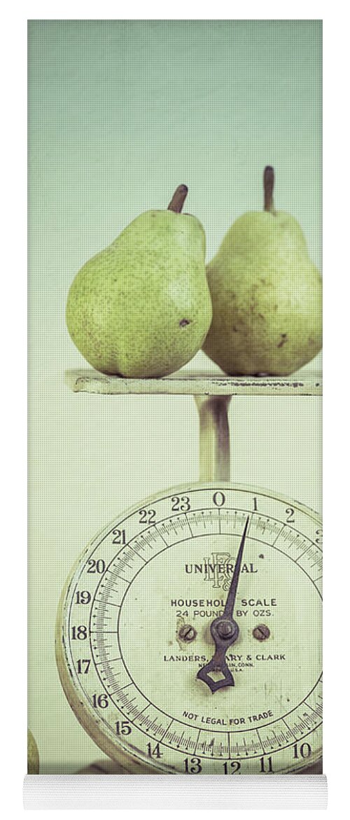 Food Yoga Mat featuring the photograph Pears and Kitchen Scale Still Life by Edward Fielding