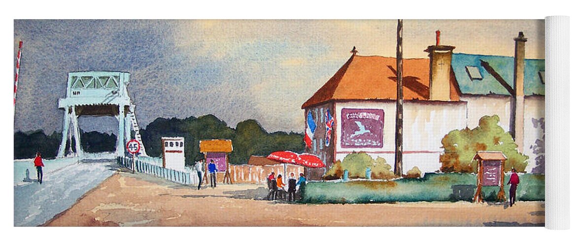 Pegasus Bridge Yoga Mat featuring the painting Pegasus Bridge and Cafe Gondree by Bill Holkham