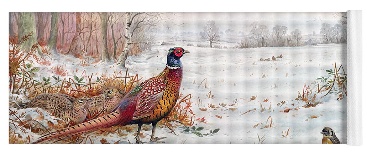 Pheasant Yoga Mat featuring the painting Pheasant And Bramblefinch In The Snow by Carl Donner