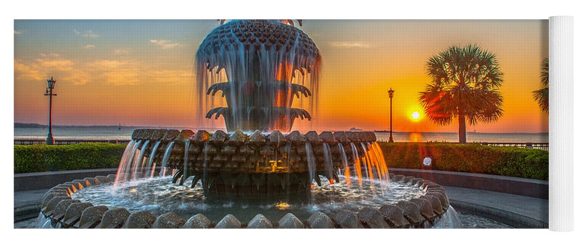 Pineapple Fountain Yoga Mat featuring the photograph Charleston Pineapple Sunrise by Dale Powell