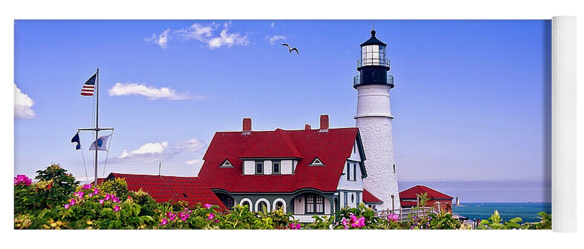 Maine Yoga Mat featuring the photograph Portland Head Light and Roses by Mitchell R Grosky
