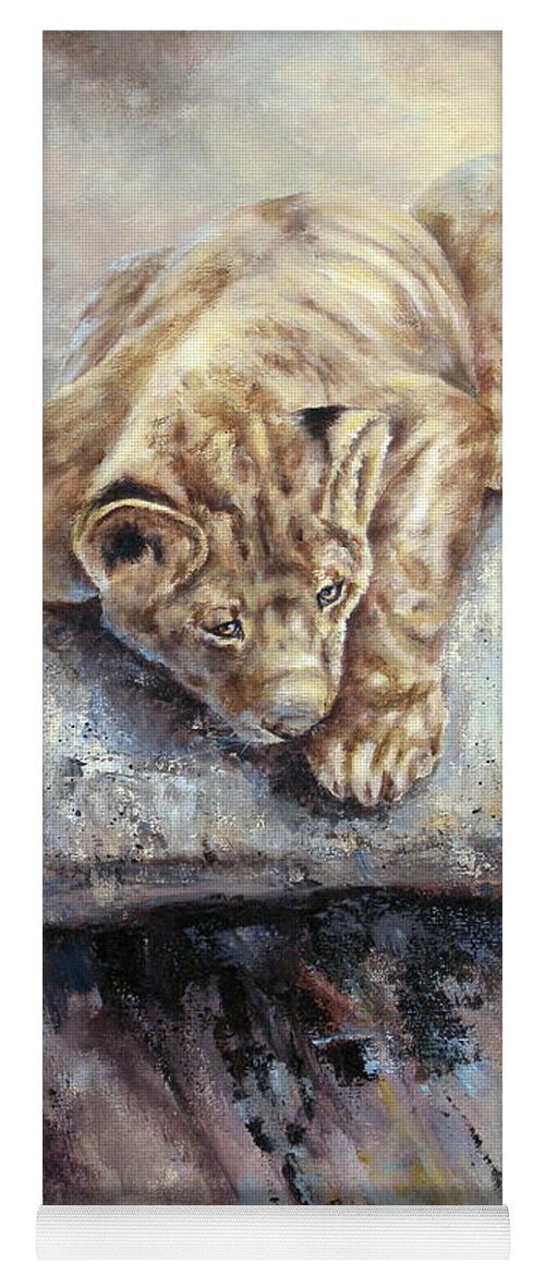 Lion Cub Yoga Mat featuring the painting Pounce by Mary McCullah