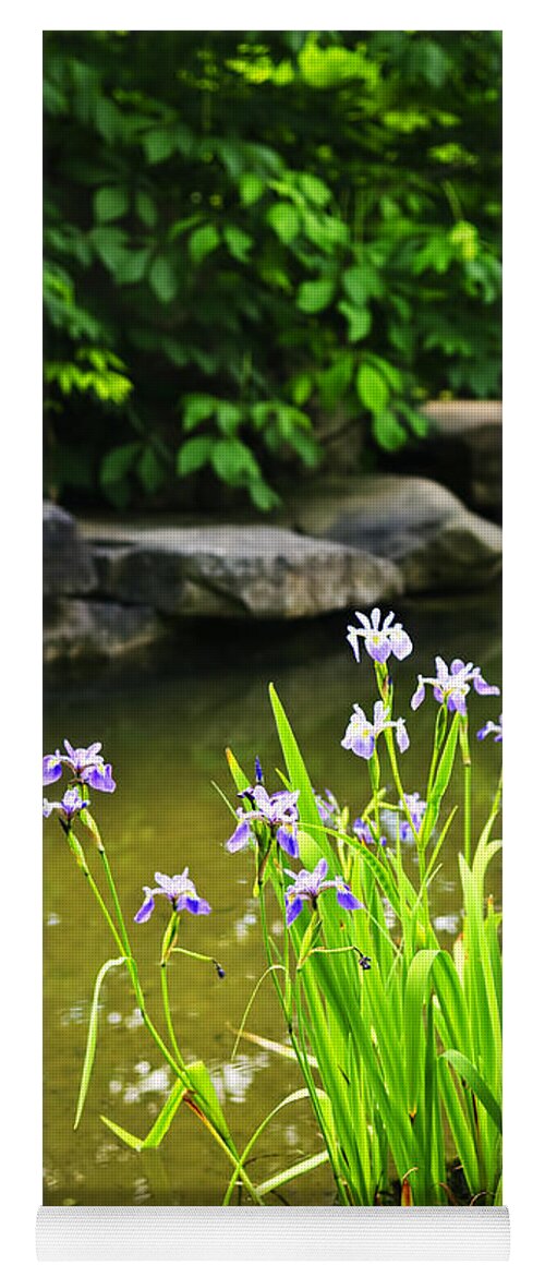 Garden Yoga Mat featuring the photograph Purple irises in pond by Elena Elisseeva