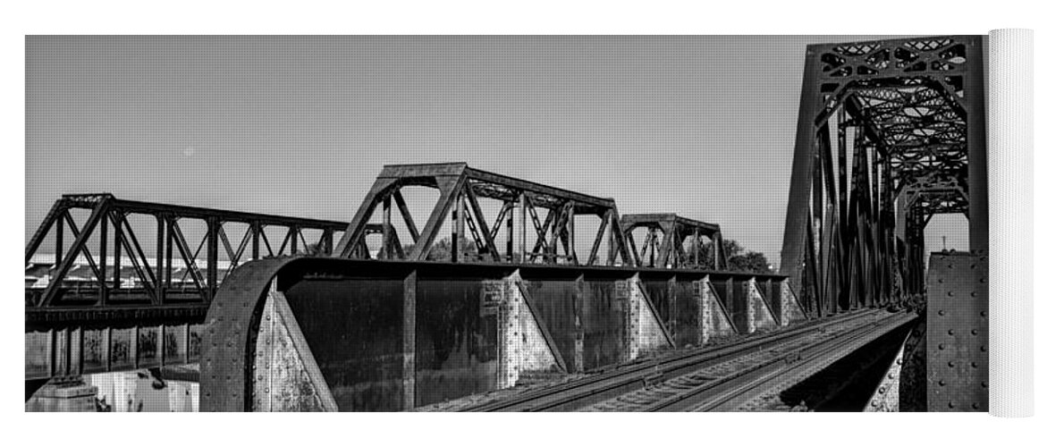 Railroad Bridge Yoga Mat featuring the photograph Railroad bridge black and white by Jonathan Davison