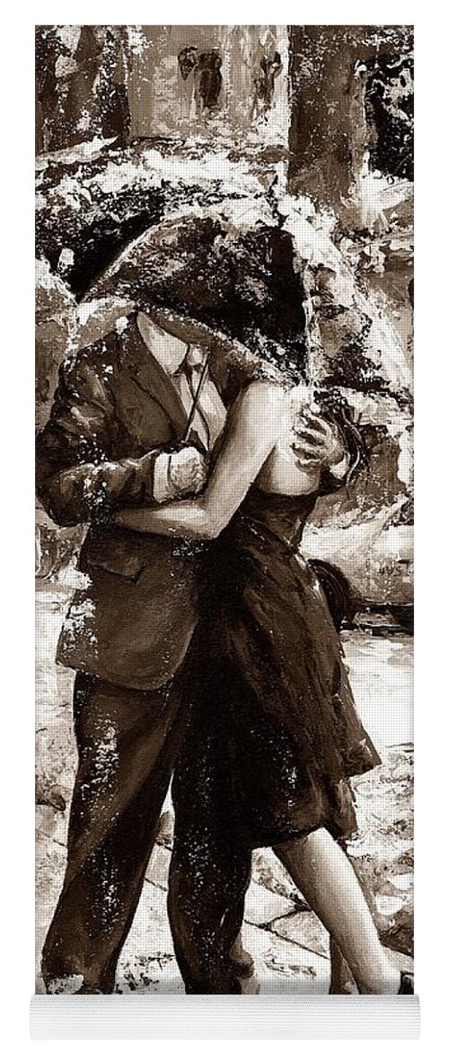Amorous Yoga Mat featuring the painting Rainy day - Love in the rain 2 sepia by Emerico Imre Toth