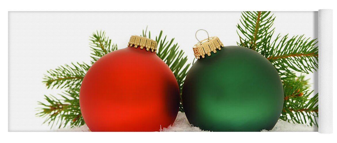 Christmas Yoga Mat featuring the photograph Red and green Christmas baubles by Elena Elisseeva