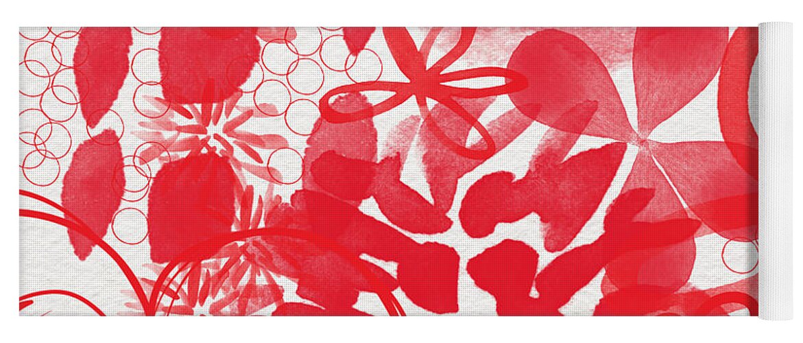 Red Flowers Yoga Mat featuring the painting Red And White Bouquet- Abstract floral painting by Linda Woods