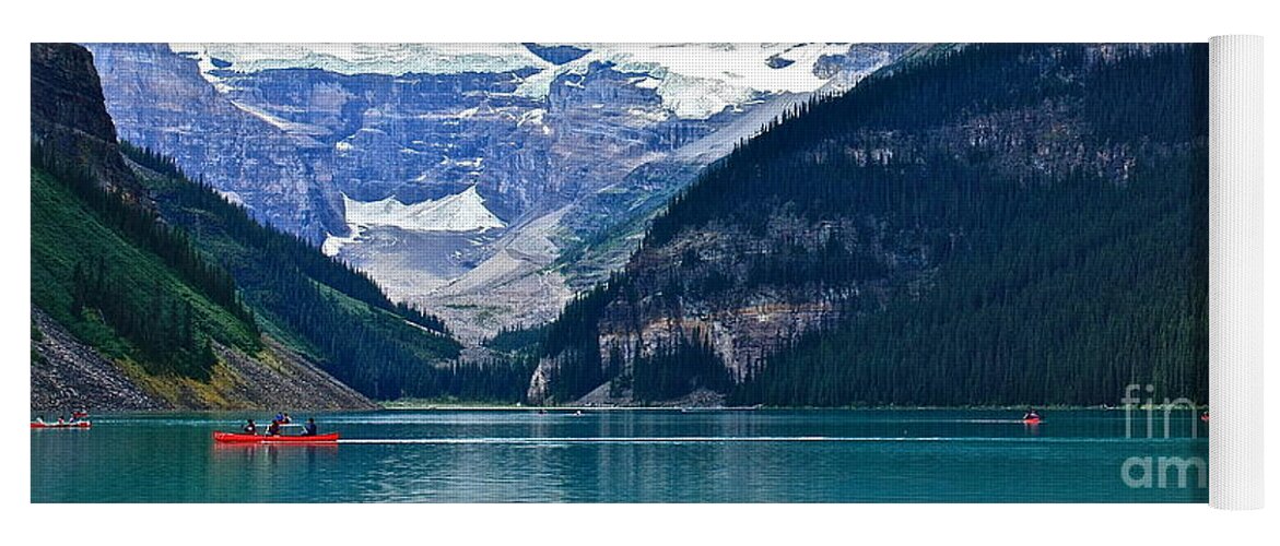 Lake Louise Alberta Red Yoga Mat featuring the photograph Red Canoes Turquoise Water by Linda Bianic