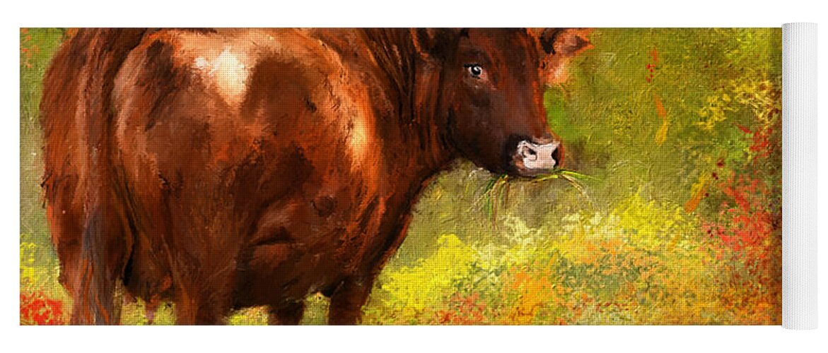 Red Devon Cattle Yoga Mat featuring the painting Red Devon Cattle - Red Devon Cattle in a Farm Scene- Cow Art by Lourry Legarde