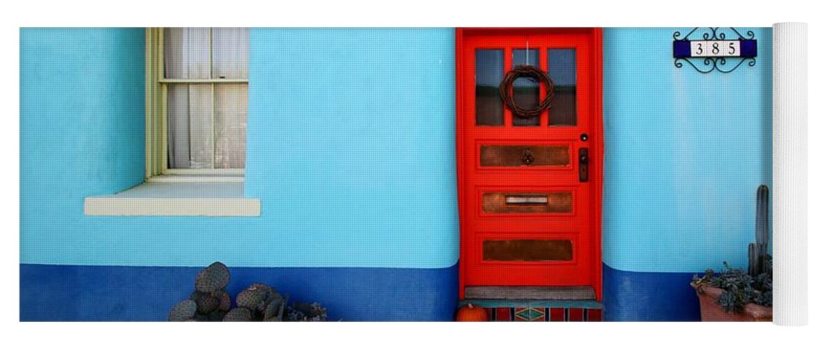 Door Yoga Mat featuring the photograph Red Door on Blue Wall by Joe Kozlowski