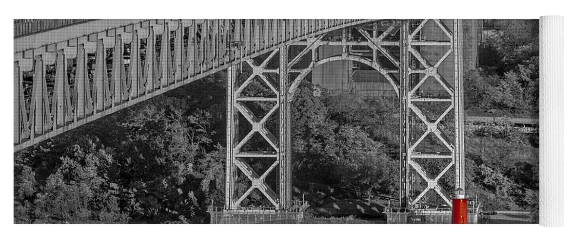 Autumn Yoga Mat featuring the photograph Red Lighthouse And Great Gray Bridge BW by Susan Candelario