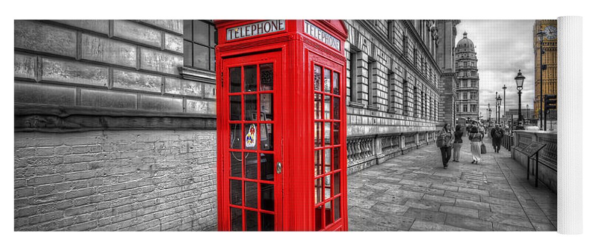 Yhun Suarez Yoga Mat featuring the photograph Red Phone Box And Big Ben by Yhun Suarez
