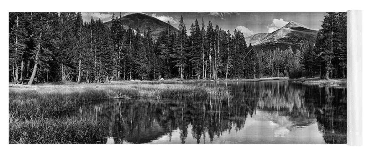 Water Reflection Pond Mountains Yosemite National Park Sierra Nevada Landscape Scenic Nature Black White California Yoga Mat featuring the photograph Reflecting Pond by Cat Connor