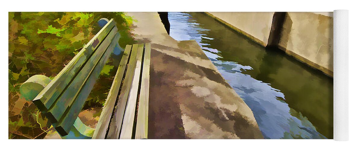 Autumn Yoga Mat featuring the painting Resting Bench on the Canal by David Letts