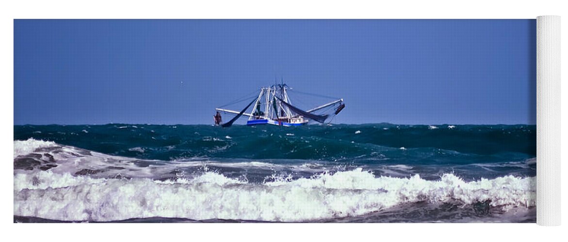 Boat Yoga Mat featuring the photograph Rough Seas Shrimping by DigiArt Diaries by Vicky B Fuller