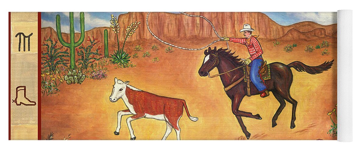 Folk Art Horse Yoga Mat featuring the painting Round Up and Cattle Brands by Linda Mears