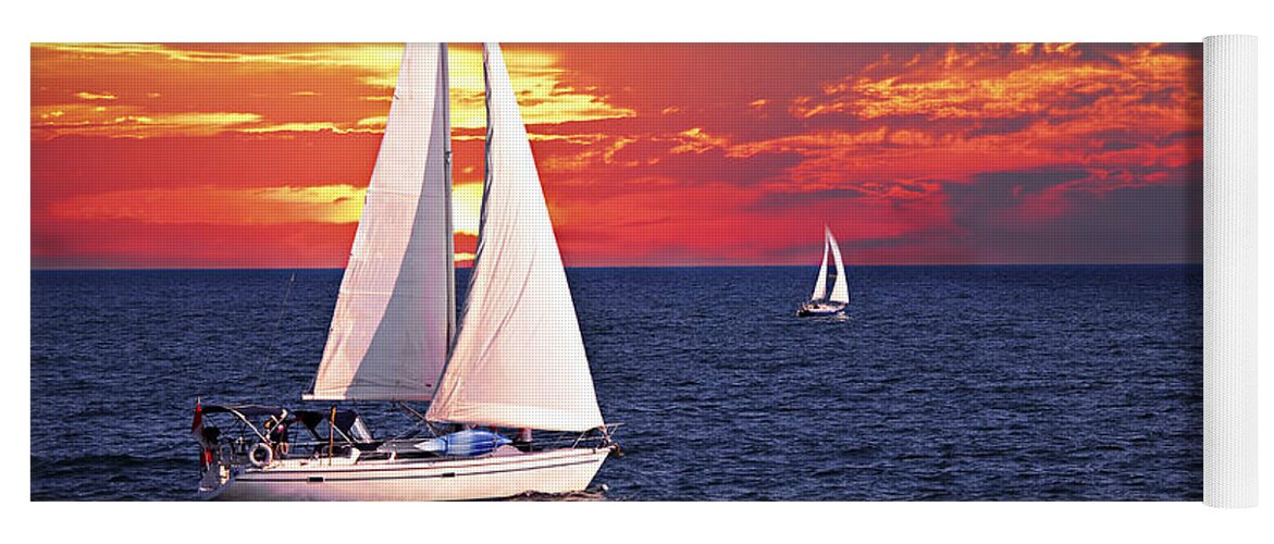 Boat Yoga Mat featuring the photograph Sailboats at sunset by Elena Elisseeva