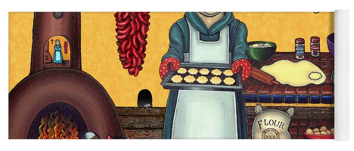 Folk Art Yoga Mat featuring the painting San Pascual Making Biscochitos by Victoria De Almeida