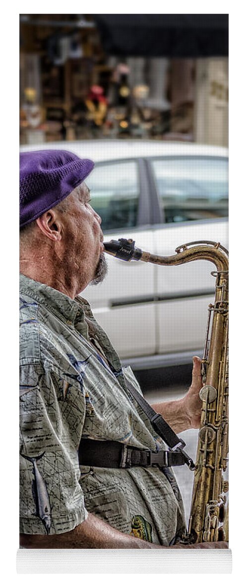 Hat Yoga Mat featuring the photograph Sax In The Street by Jim Shackett