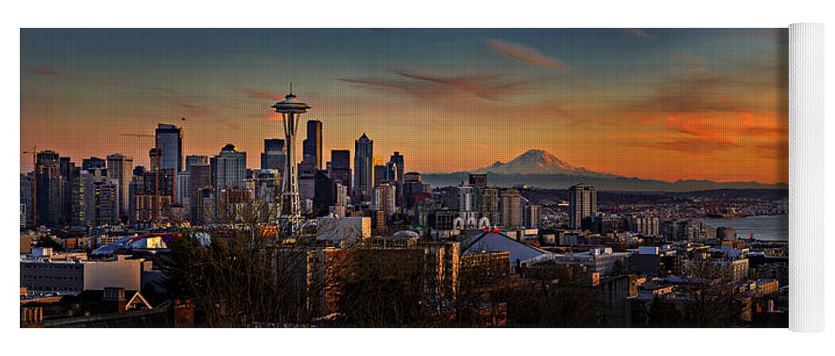 Skyline Yoga Mat featuring the photograph Seattle Sunset Panorama by Mary Jo Allen