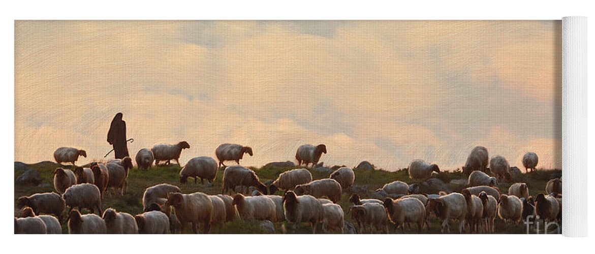 Sheep Art Yoga Mat featuring the painting Shepherd With Sheep by Constance Woods