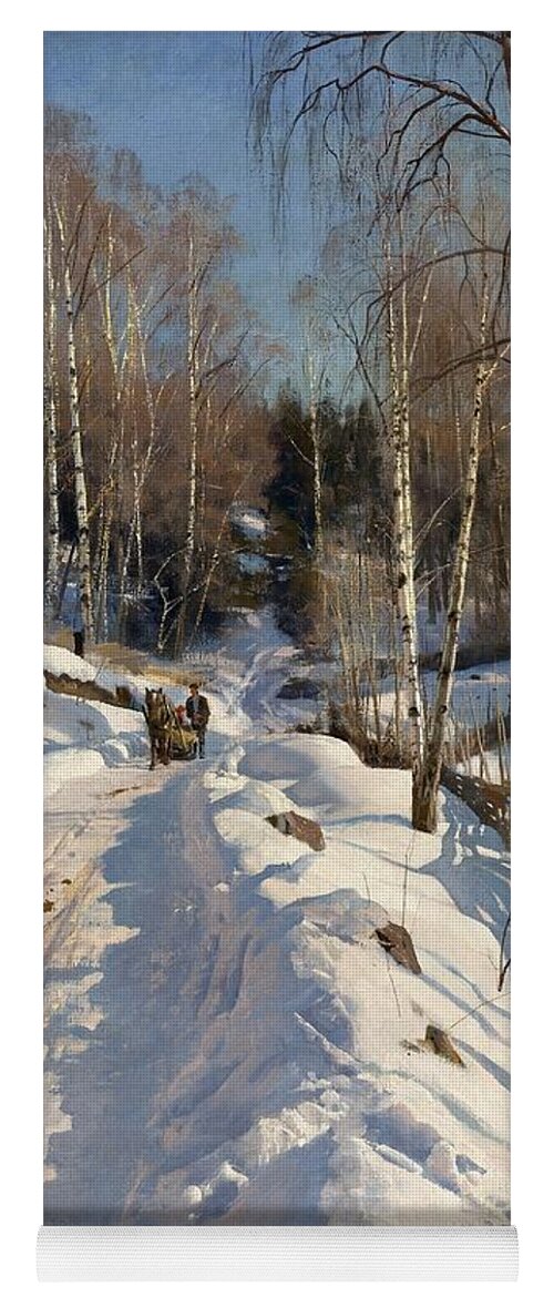 Peder Mork Monsted Yoga Mat featuring the painting Sleigh ride on a sunny winter day by Peder Mork Monsted
