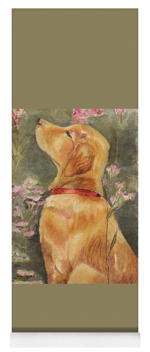 Labrador Yoga Mat featuring the painting Smell the Roses - Golden Retriever by Debra Hall