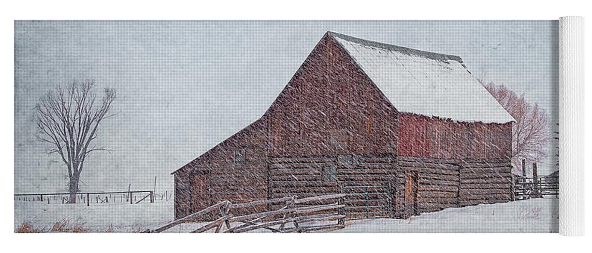 Barn Yoga Mat featuring the photograph Snowstorm at the Ranch 2 by Priscilla Burgers