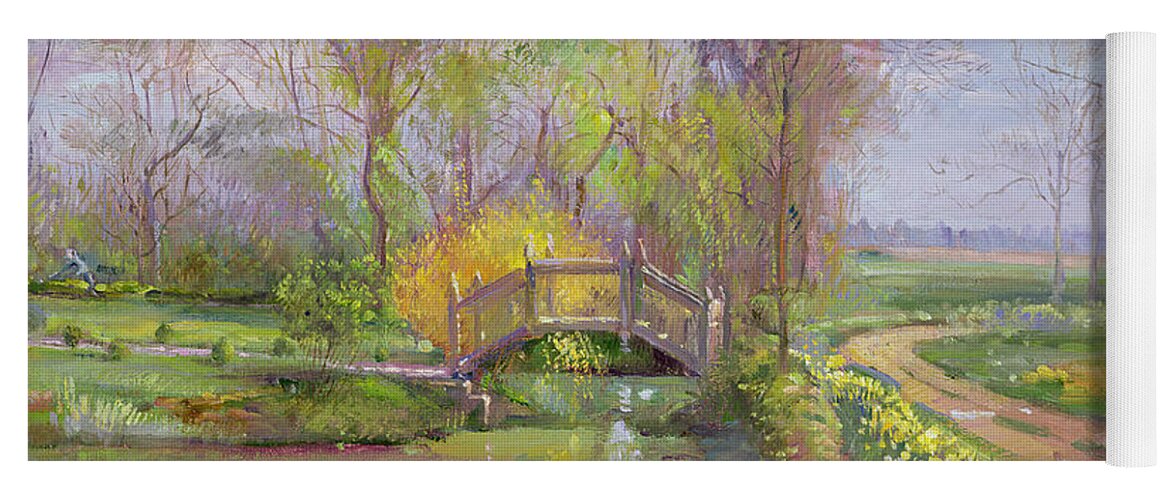 Path; Landscape; River; Countryside; Rural Yoga Mat featuring the painting Spring Bridge by Timothy Easton