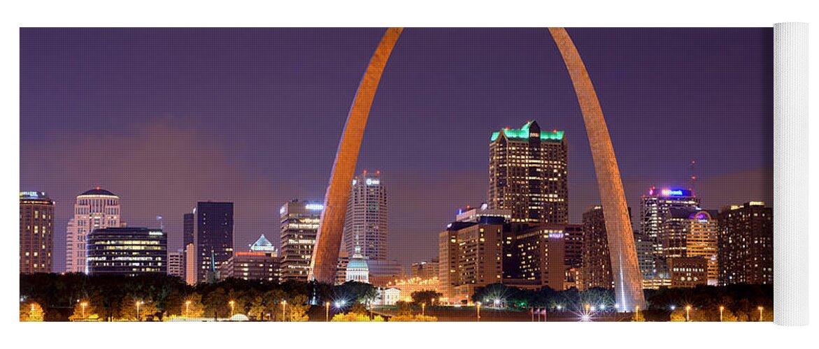 St. Louis Skyline Yoga Mat featuring the photograph St. Louis Skyline at Night Gateway Arch Color Panorama Missouri by Jon Holiday