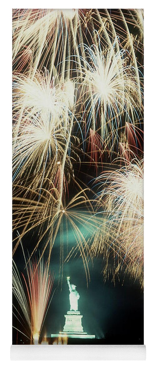 Firework Yoga Mat featuring the photograph Statue Of Liberty Fireworks by Carroll Seghers