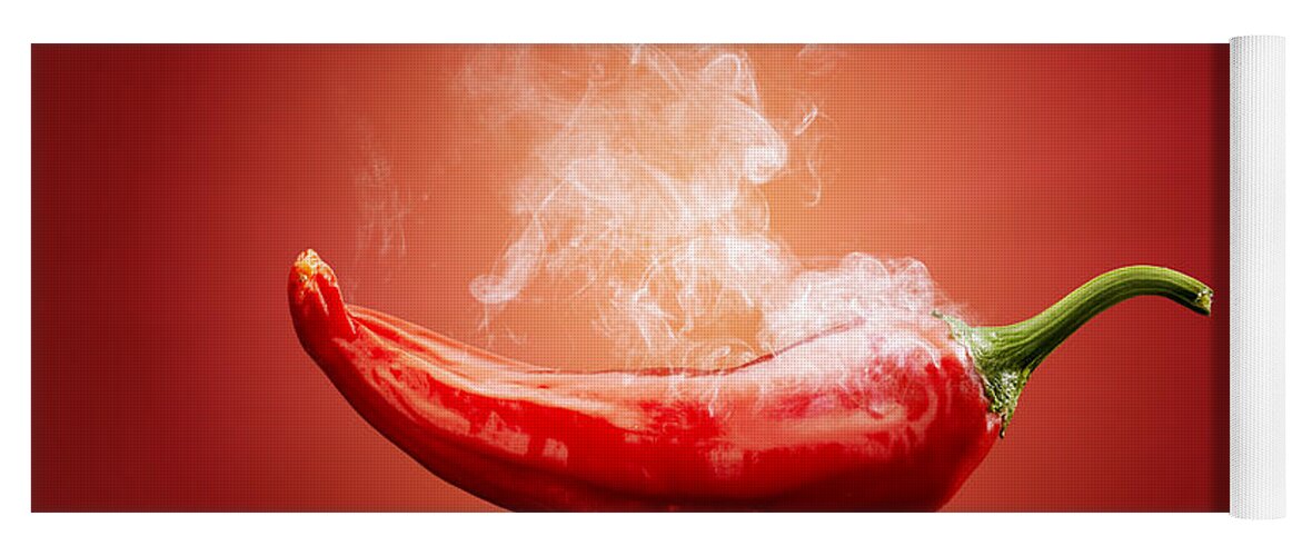 Chillichiliredsmokesmokinghotburnburningsteamsteamingcapsicumcayennejalapenopaprikapeppergradientbackgroundreflectionreflectivetablestudioshotvegetablefreshconceptconceptualstilllifefoodripeimageonenobodyphotographindoors001019xs Yoga Mat featuring the photograph Steaming hot Chilli by Johan Swanepoel