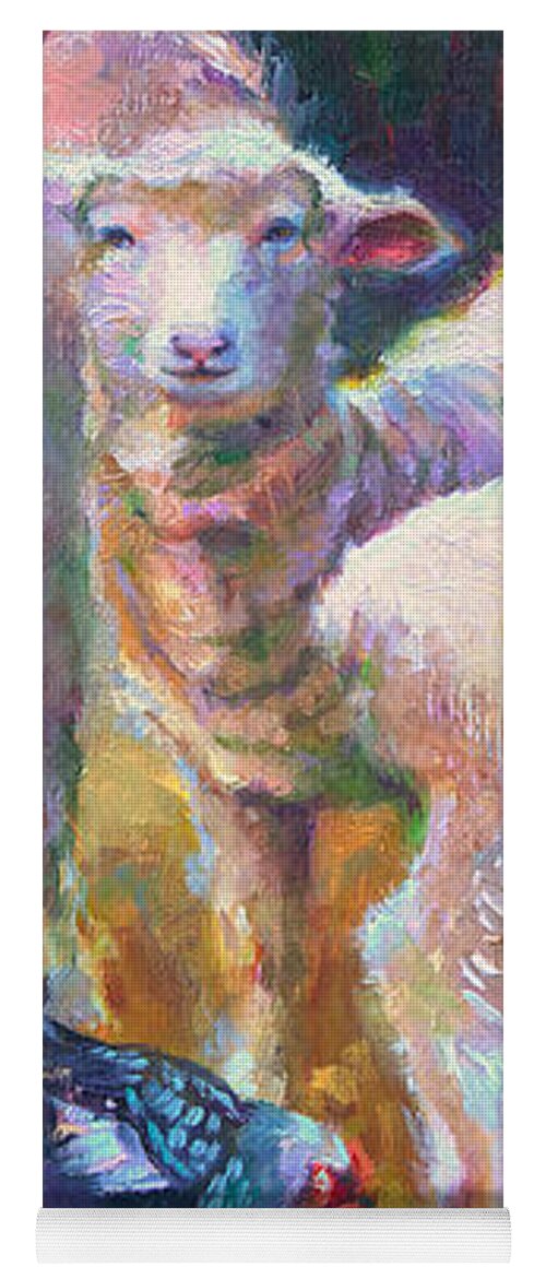 Lamb Yoga Mat featuring the painting Stranger at the Well - spring lambs sheep and hen by Talya Johnson