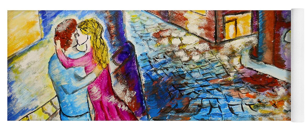 Kiss Yoga Mat featuring the painting Street Kiss by Night by Ramona Matei