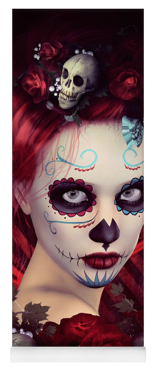 Day Of The Dead Yoga Mat featuring the digital art Sugar Doll Red by Shanina Conway