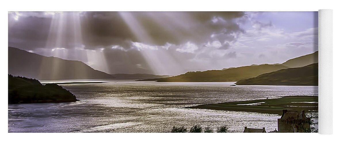 Eilean Donan Yoga Mat featuring the photograph Sun Rays over Eilean Donan Castle by Chris Thaxter