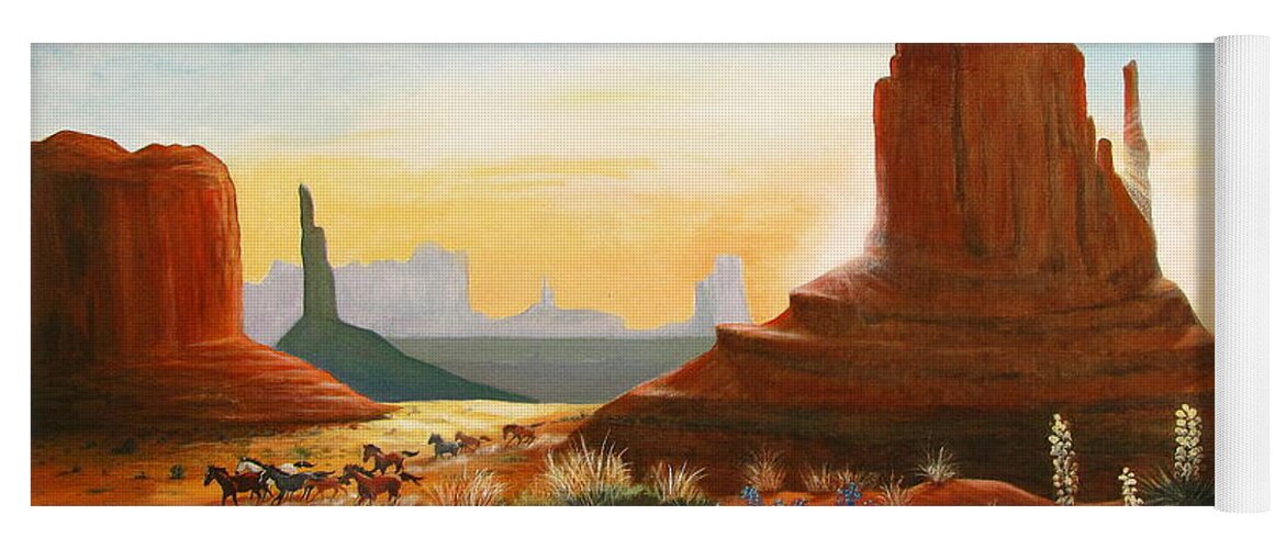 Monument Valley Scene Yoga Mat featuring the painting Sunrise Stampede by Marilyn Smith