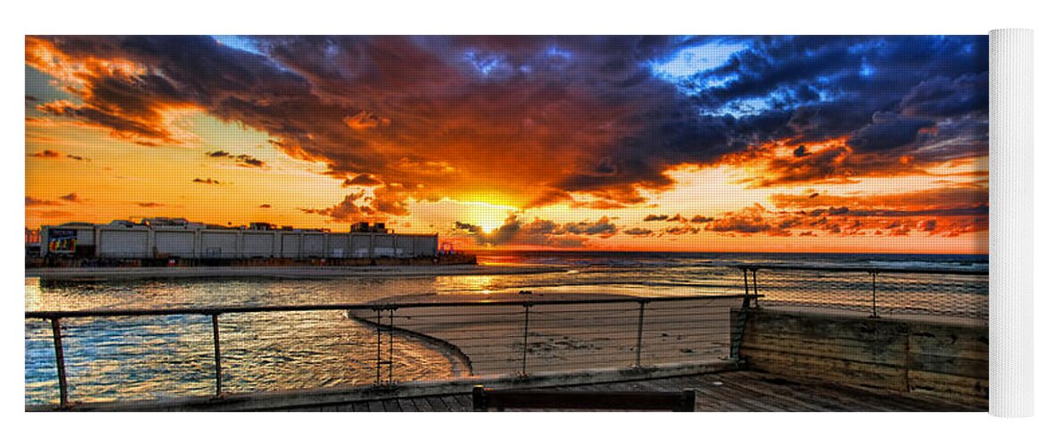 Israel Yoga Mat featuring the photograph sunset at the port of Tel Aviv by Ron Shoshani