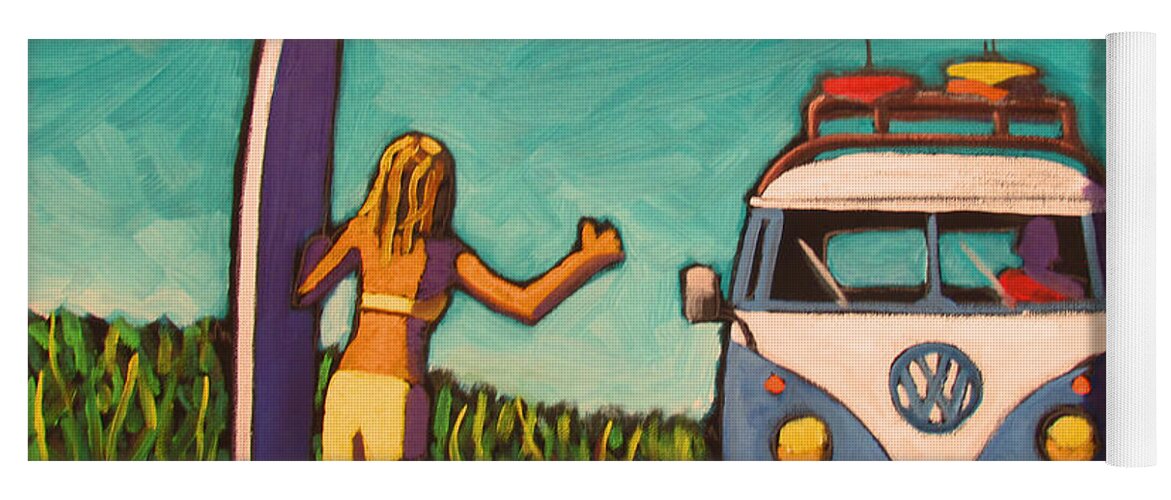 Surf Yoga Mat featuring the painting Surfer Girl and VW Bus by Kevin Hughes