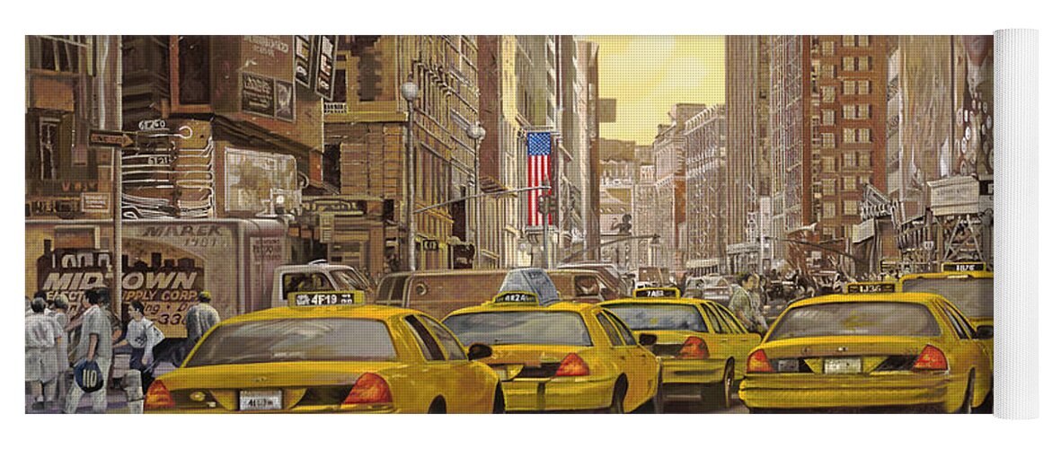 New York Yoga Mat featuring the painting yellow taxi in NYC by Guido Borelli
