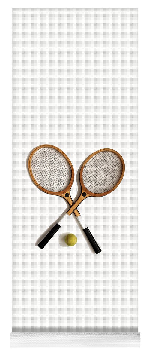 Activity Yoga Mat featuring the photograph Vintage wooden tennis rackets and tennis ball by Tom Conway