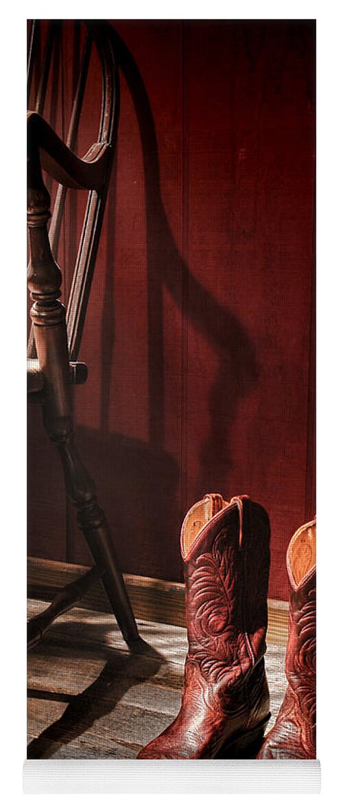Cowgirl Boots Yoga Mat featuring the photograph The Cowgirl Boots and the Old Chair by Olivier Le Queinec